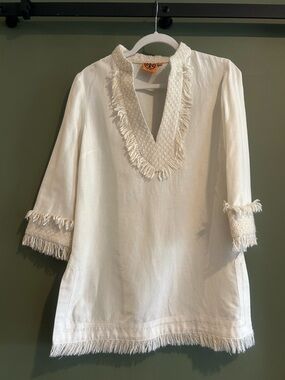 Tory Burch Cream Textured Jacket with Iconic Orange Logo Tag